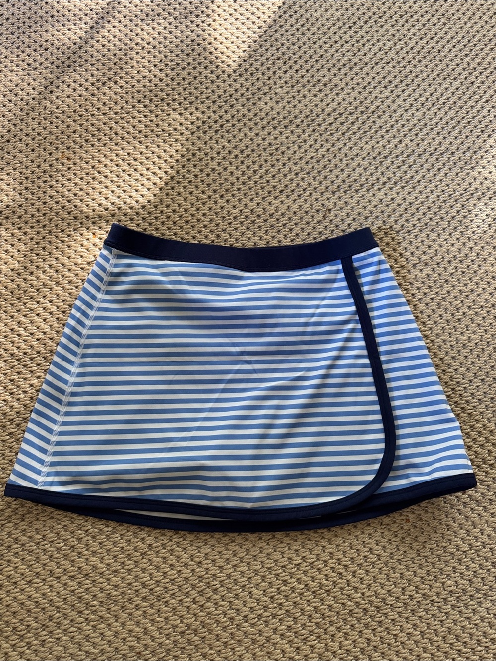 J. Crew Light Blue and White Striped Skater Skirt with Navy Trim